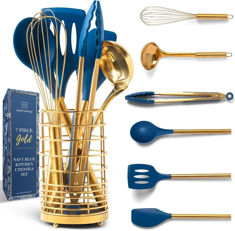 Gold and Navy Blue Kitchen Utensils Set - 7-Piece Silicone Cooking Tools