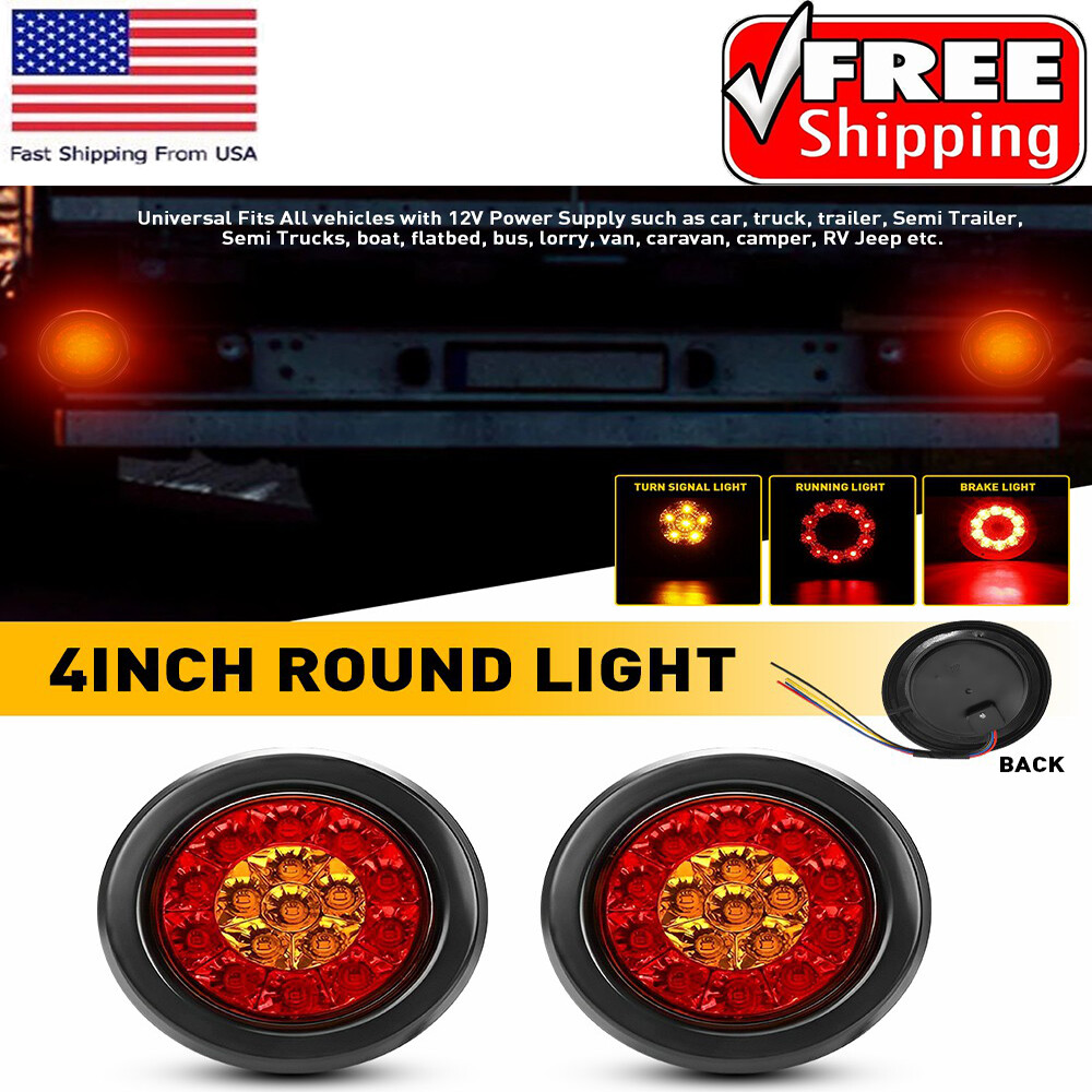 2Pcs Red Amber 16 LED Waterproof Round Trailer Truck Tail Brake Light  