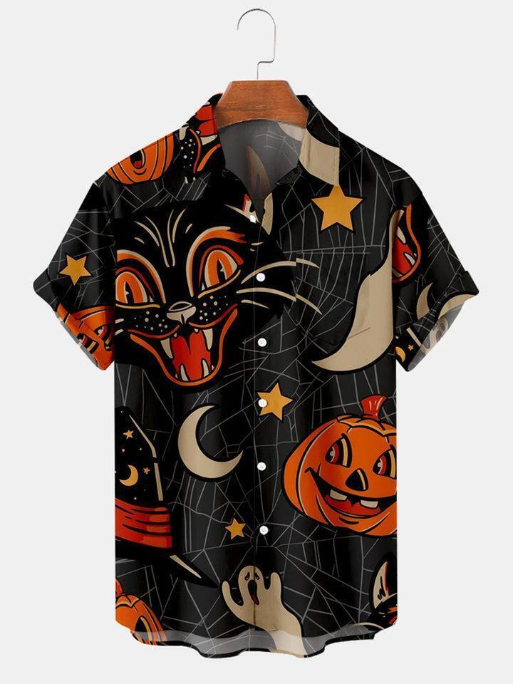 Hawaiian Anime Button Shirt Summer Halloween Funny Cat 3d Print Short Sleeve