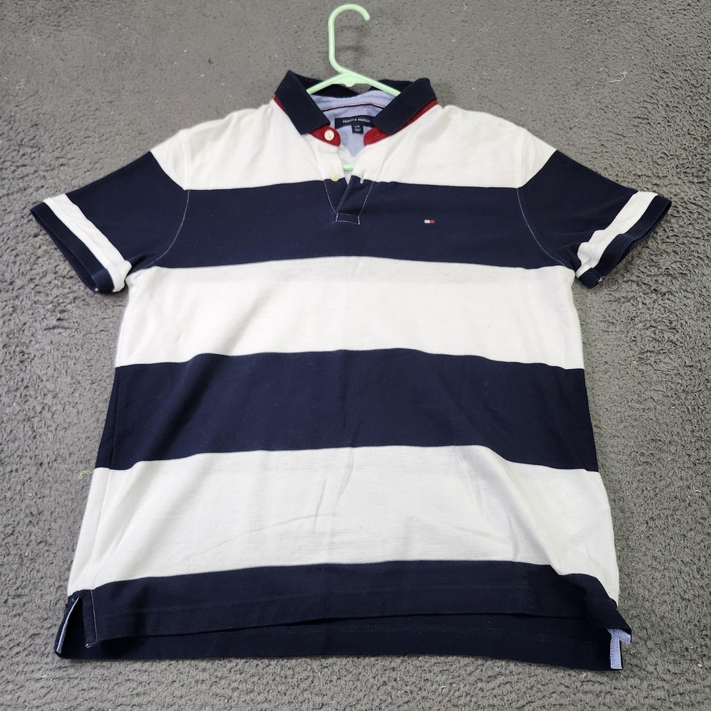 Tommy Hilfiger Polo Shirt Mens Large Blue White Stripe Short Sleeve Casual Logo
