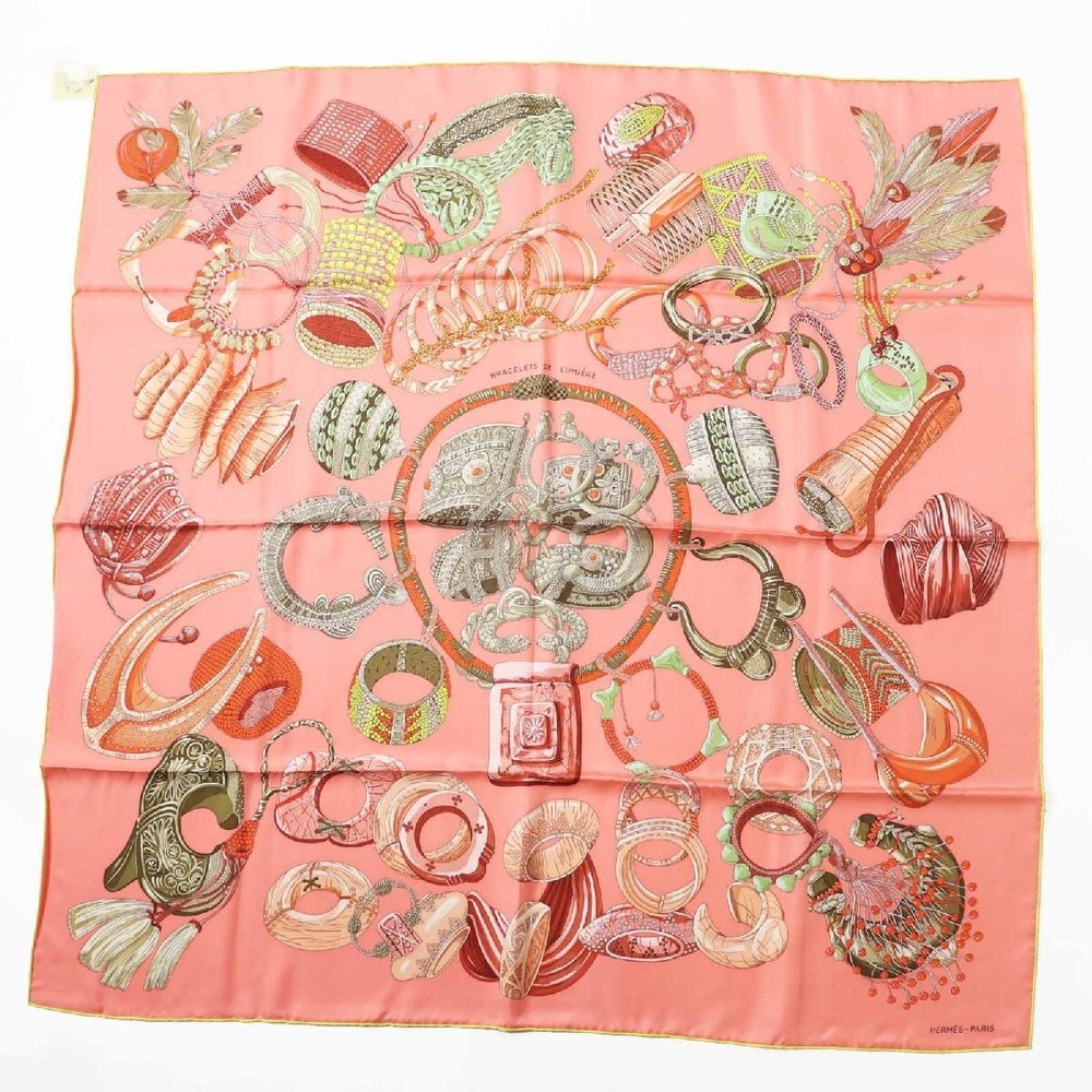 HERMES Carre 90 POWERS DE LUMIERE LIGHT BRACELET 100% SILK SCARF SALMON PINK  12
