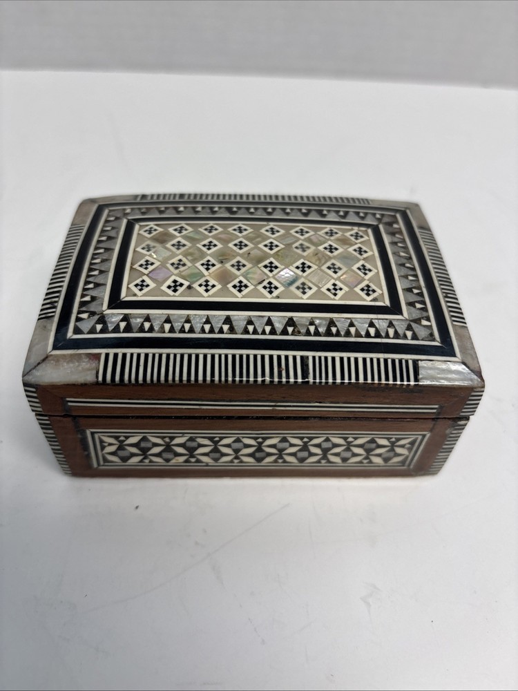 Vintage Egyptian Mother of Pearl Inlay Wood Trinket Box