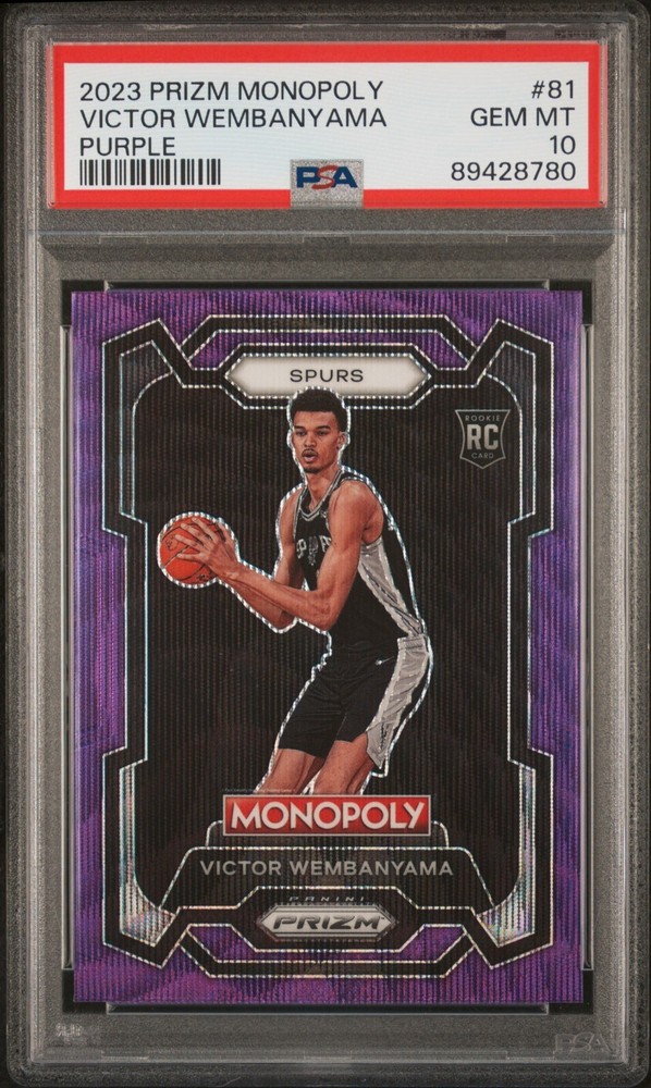 VICTOR WEMBANYAMA 2023-24 PANINI PRIZM MONOPOLY ROOKIE PURPLE RC PSA 10