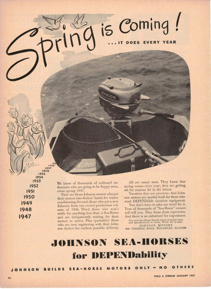 Johnson Sea Horse Outboard Motor 1947 Spring is Coming ! Waukegan IL