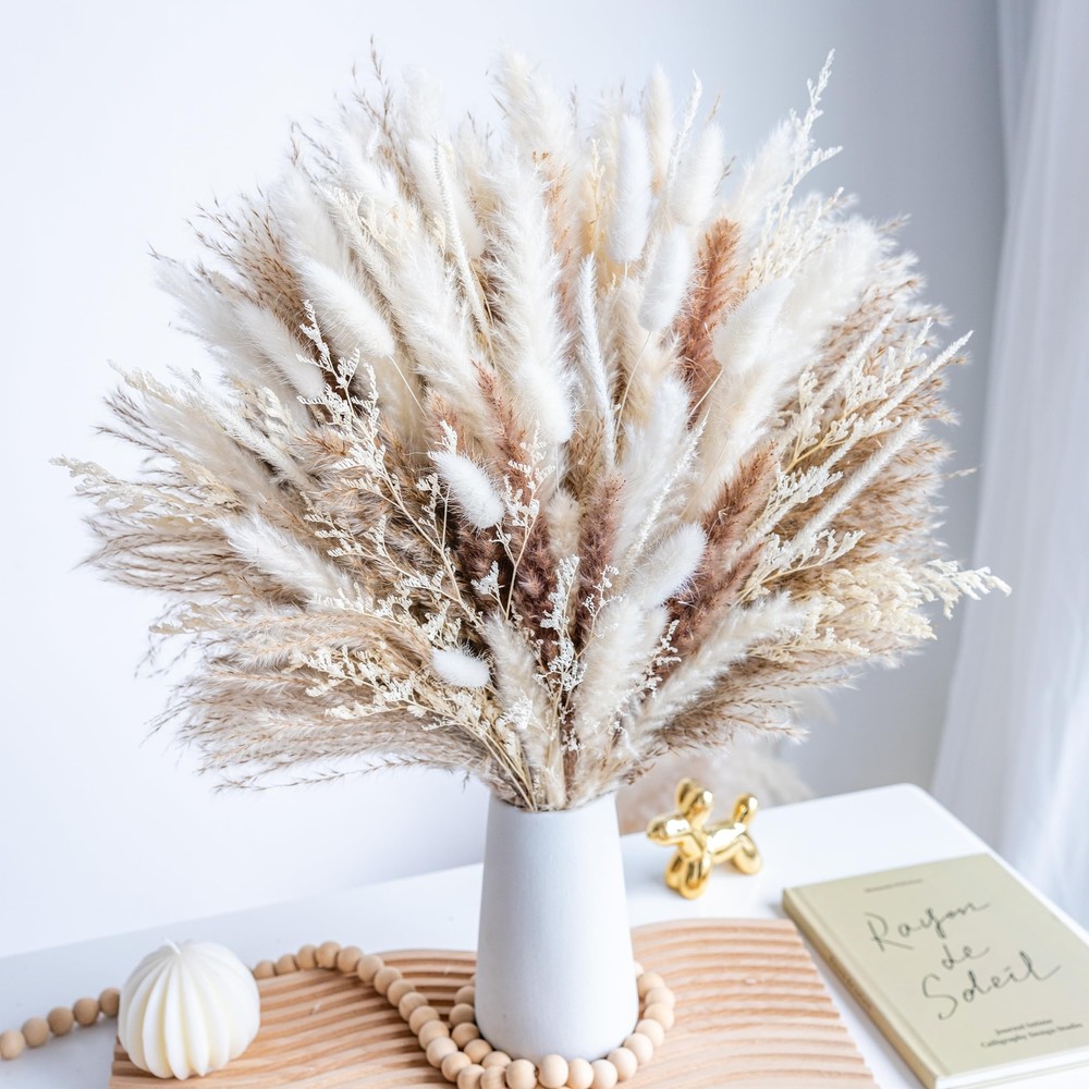 96PCS Natural Dried Pampas Grass Boho Home Decor Bouquet Phragmites Dried Flo...