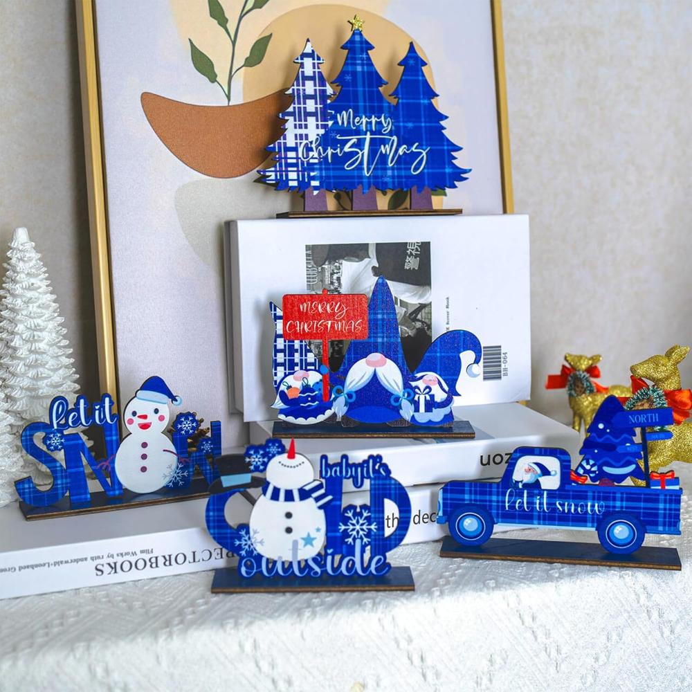 5 PCS Christmas Table Centerpiece Decorations, Wooden Xmas Snowman Santa Claus G