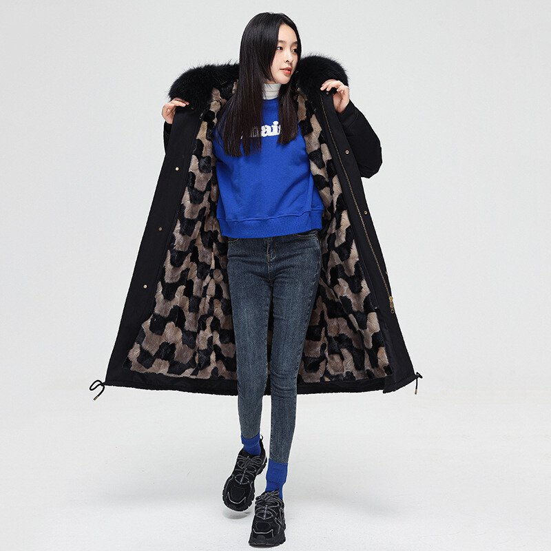 Fur Jacket Women's Mid Long Coat Mink Fur Liner Fox Fur Collar Parka Overcoats