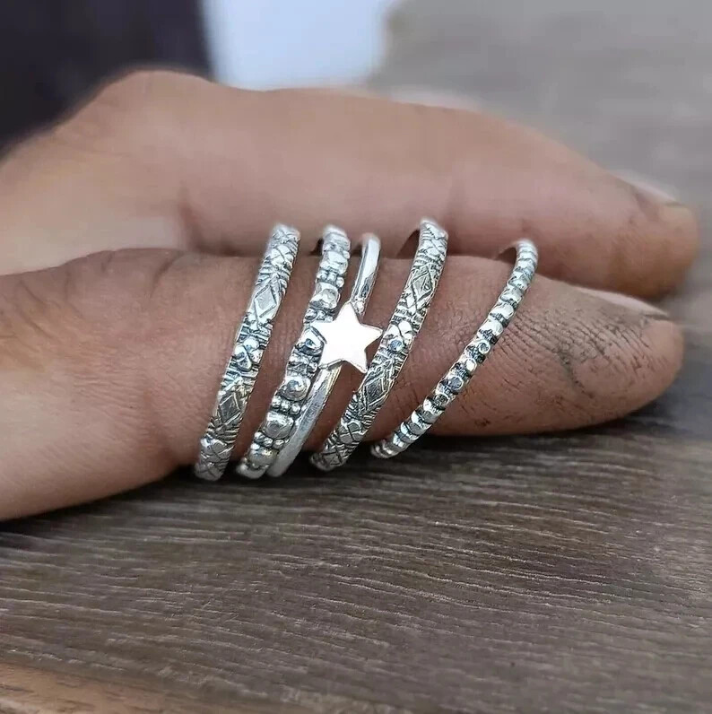 Solid 925 Sterling Silver Star Five Band Ring Handmade Anniversary Ring All Size