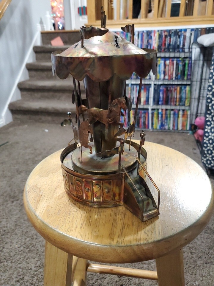 Vintage Rainbow Copper Merry Go Round Carousel Horse Music Box WORKS GREAT