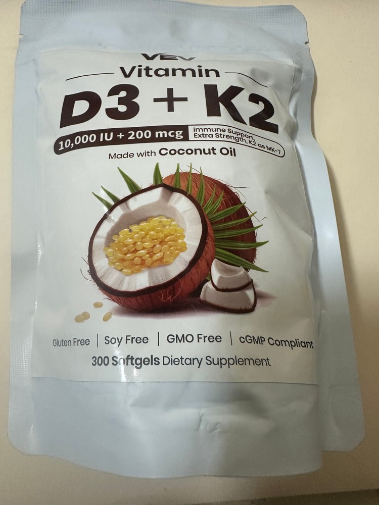 VEV 2-in-1 Vitamin D3 K2 MK4 MK7 10,000 IU with Coconut Oil 300 Softgels Exp 07/26