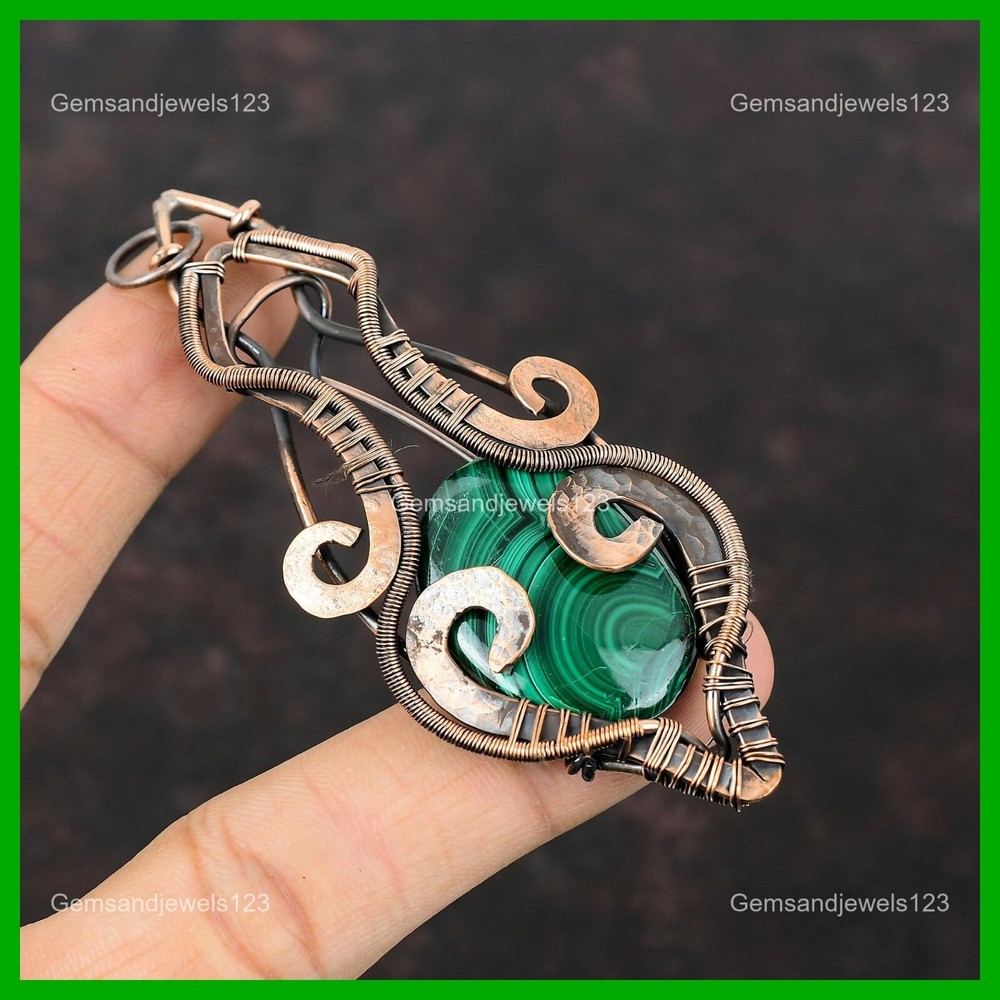 Mothers day Deal Oval Natural Malachite Copper Wire Wrapped Sister Boho Pendant