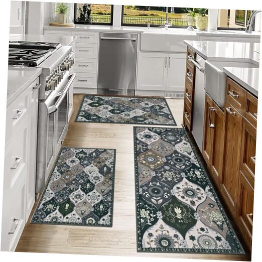 Moroccan Trellis Kitchen Rug Sets 3 Piece 20''x32''+20''x32''+20''x47'' Grey