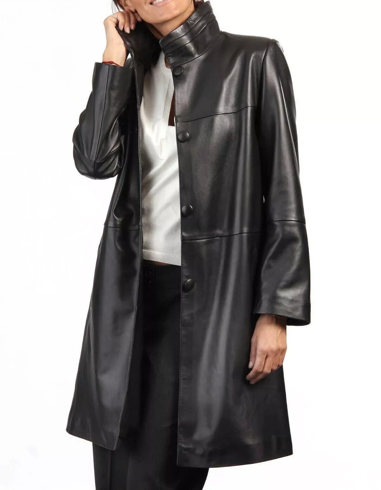 Women's Real Lambskin Leather Overcoat Black Trench Coat Winter Outwear Jacket