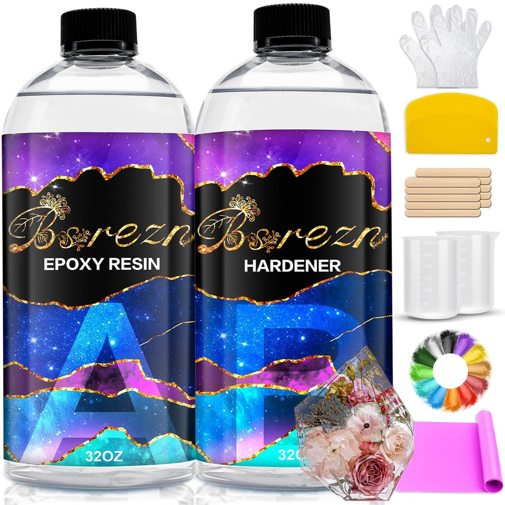 64OZ Epoxy Resin Kit, Crystal Clear Hard Casting Resin and Hardener Resina Ep...