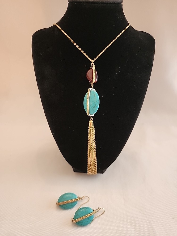 SHB Turquoise Howlite Brown Moonstone Gold Tone 23-Inch Necklace with Earrings