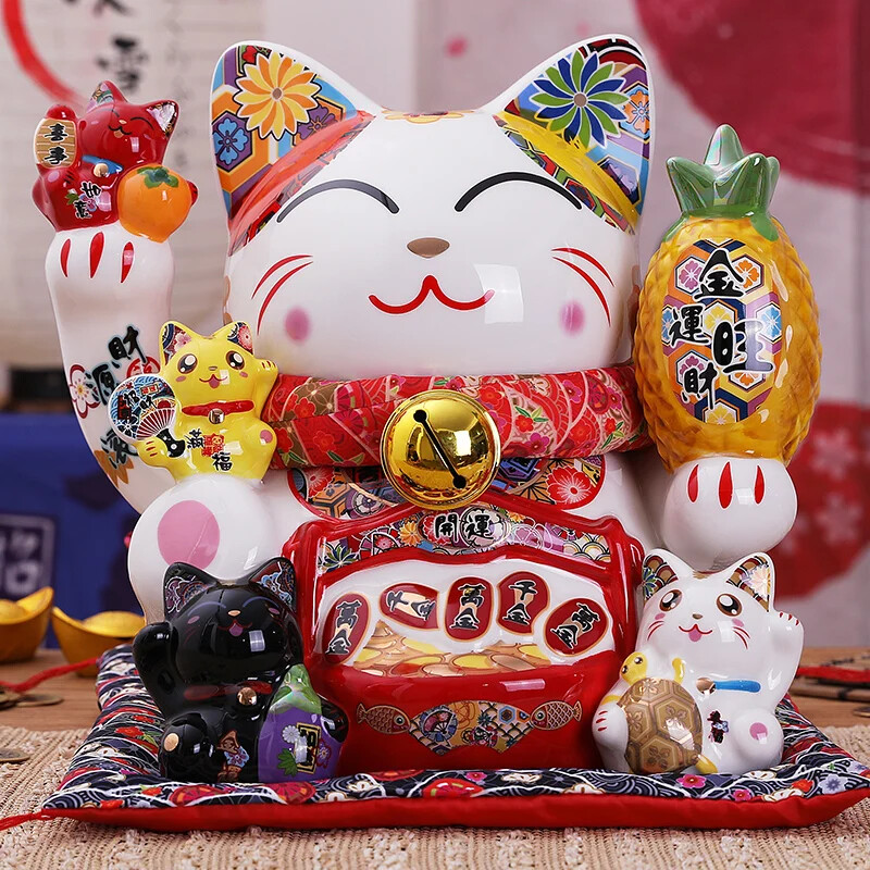 9 Inch Ceramic Maneki Neko Money Box Lucky Fortune Cat Figurine Coin Bank