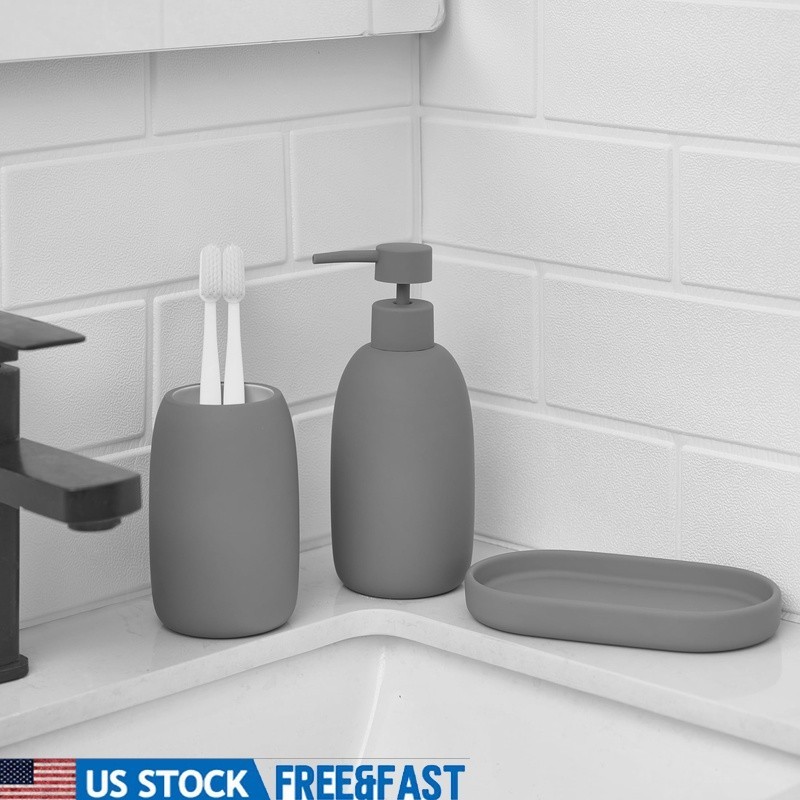 Ceramic Stoneware 3-Piece Bath Accessories Set Soap Dispenser Tumbler Tray New