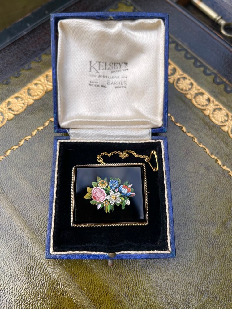 Antique Victorian 15ct Gold Agete Micro Mosaic Flower Brooch Boxed