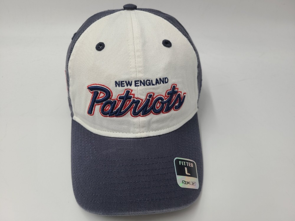 New England Patriots Reebok Script Fitted Cap for Men & Women in White and Blue NFL Hat