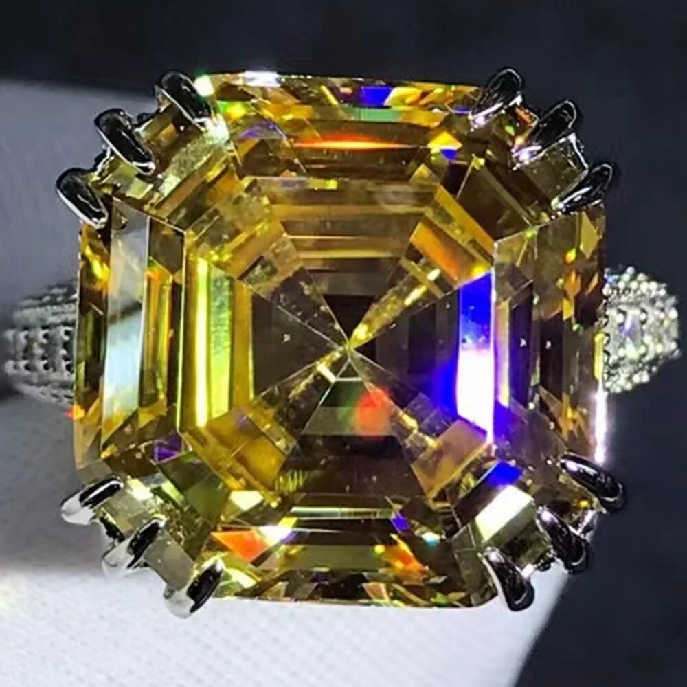 10 Carat Asscher cut Moissanite Vivid Yellow VVS Hidden Halo 14K Gold Ring