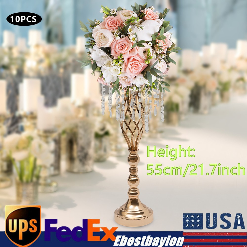 10Pcs Crystal Flower Stands Vases 55cm Wedding Centerpieces Dining Table Gold US