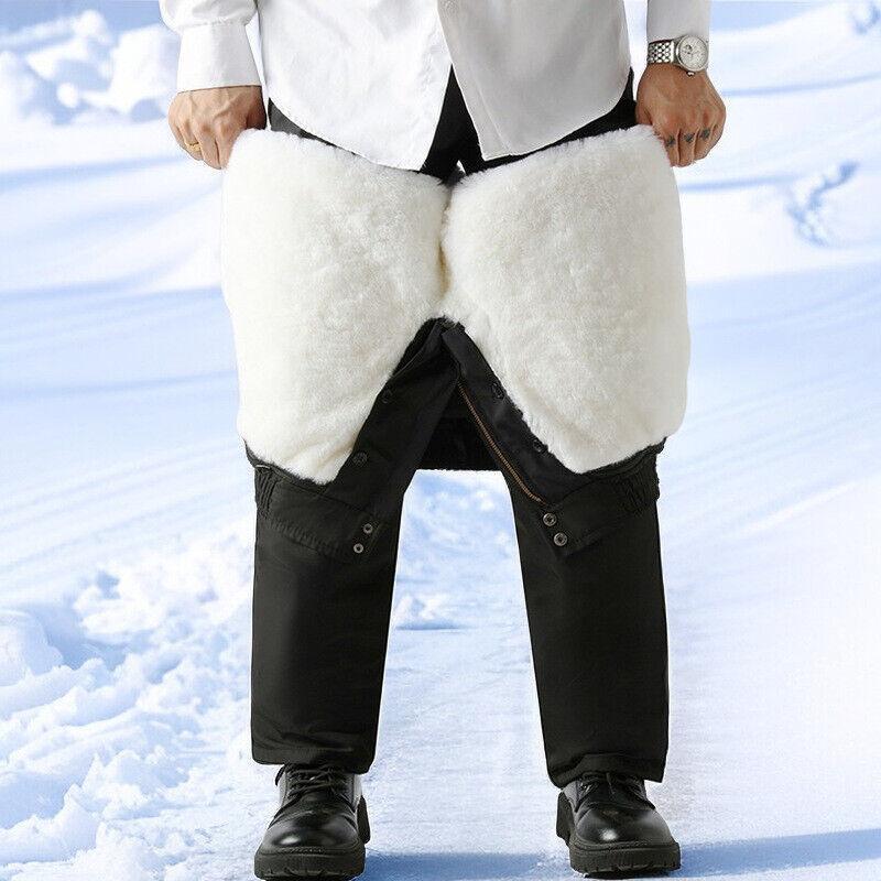 Mens detachable Real Wool Lamb Fur Lined fleece Long Straight Pants Thick Winter