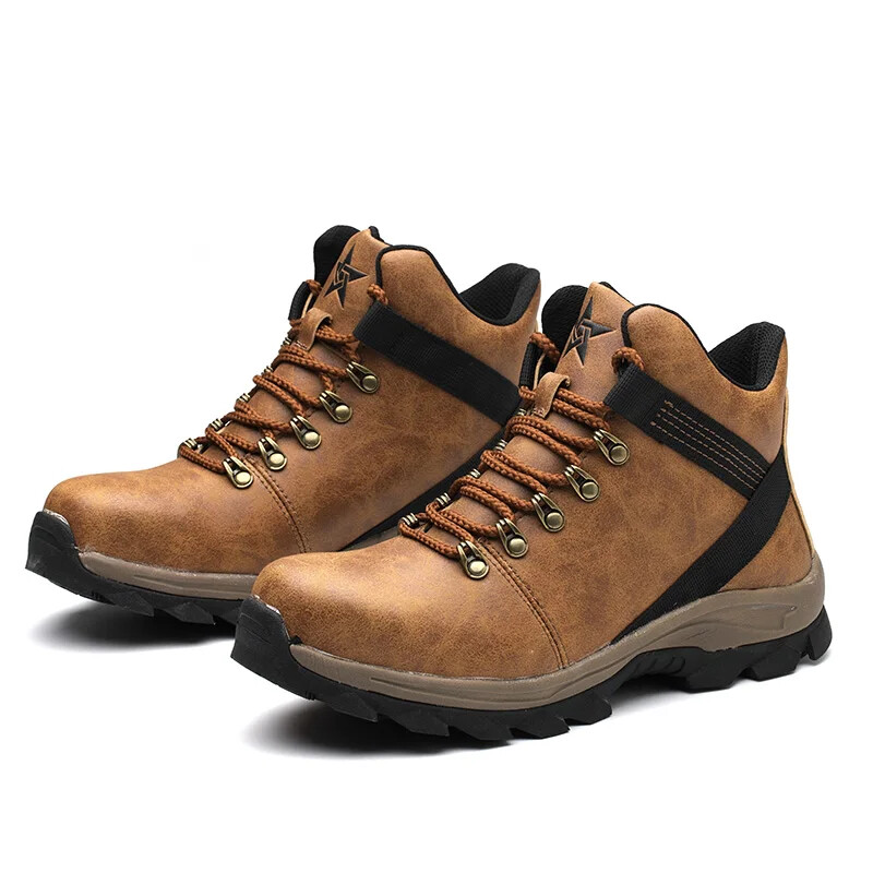 Men's Lightweight Leather Ankle Boots - Comfortable Construction Work Sneakers