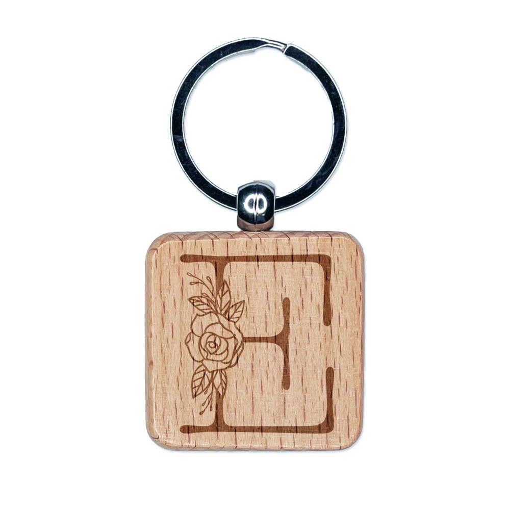 Rose Typewriter Font Capital Letter E Engraved Wood Square Keychain Tag Charm