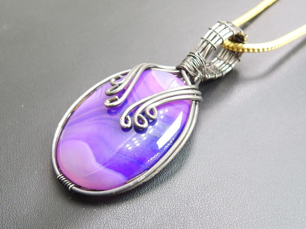 Purple Strip Agate Brass Pendant Silver Oxidised Polished Wire Wrapped Jewelry