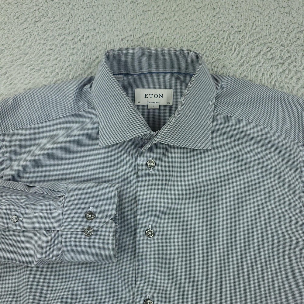 Eton Dress Shirt Mens 16.5 Gray Check Slim Contemporary Fit Cotton Long Sleeve