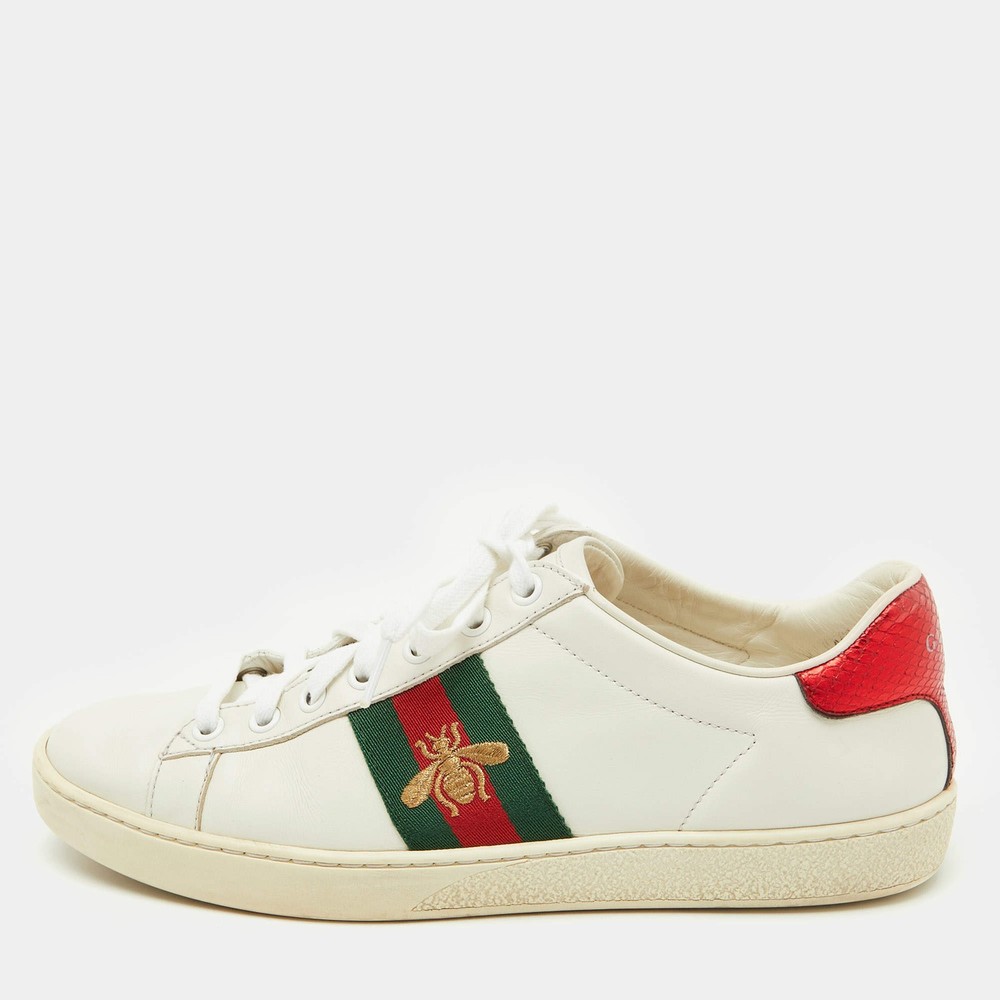 Gucci White Leather Embroidered Bee Ace Low Top Sneakers Size 375