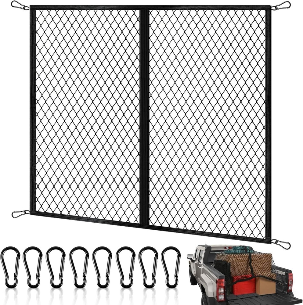 High Elastic Fine Mesh Cargo Net with 8 Metal Hooks for Pickup Truck Bed