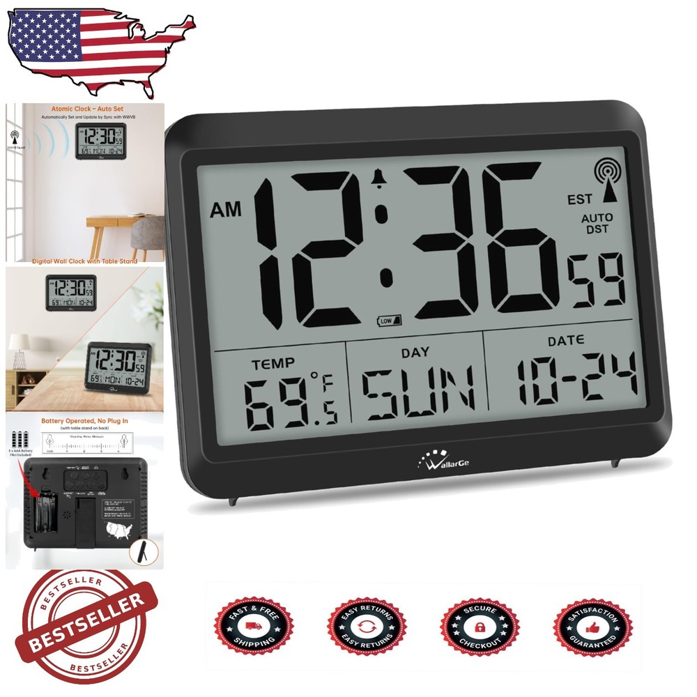 Smart Self-Setting Digital Clock with Large Display and Silent Operation – Black