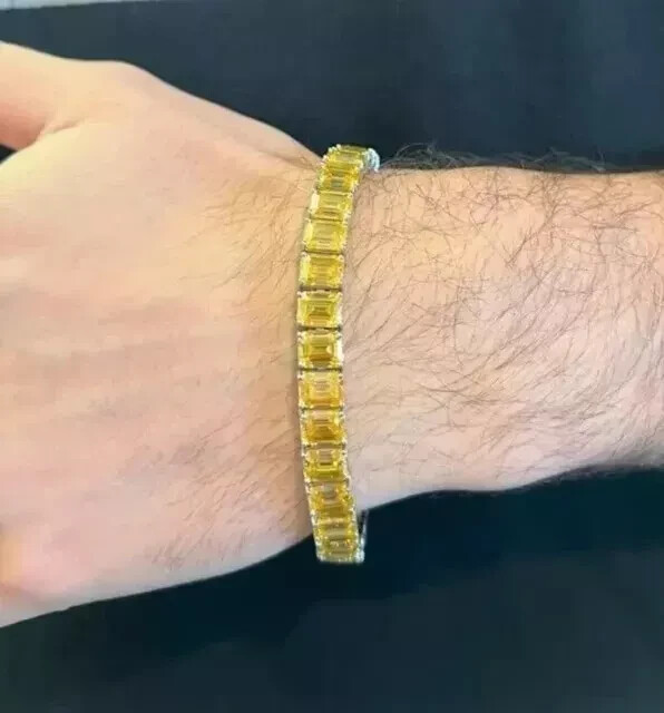 10Ct Emerald Cut Lab Citrine Men’s Tennis Bracelet in 14K White Gold Plated