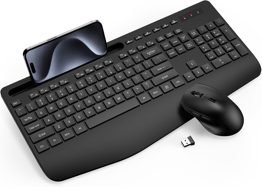 Ergonomic Wireless Keyboard & Mouse Combo with Wrist Rest & Phone Holder