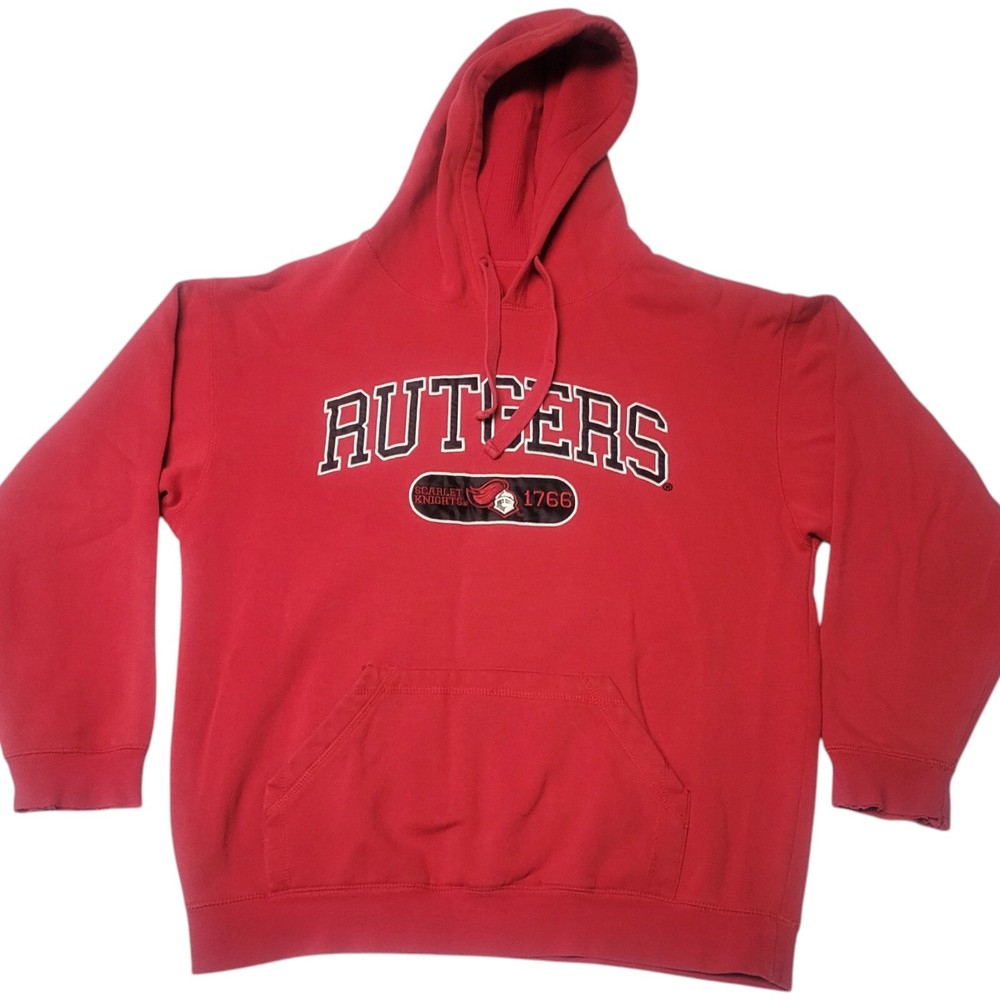 Vtg 90s Rutgers Scarlet Knights Hoodie Sz L Red Embroidered Sweatshirt College