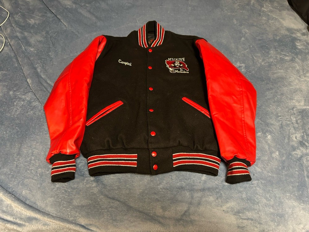 Game Sportswear Men's S Mt Olive Varsity Jacket Black Red Wool Leather USA Made
