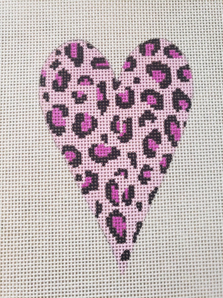 Handpainted Leopard Print Heart Needlepoint Canvas in Pink Lavender 18m