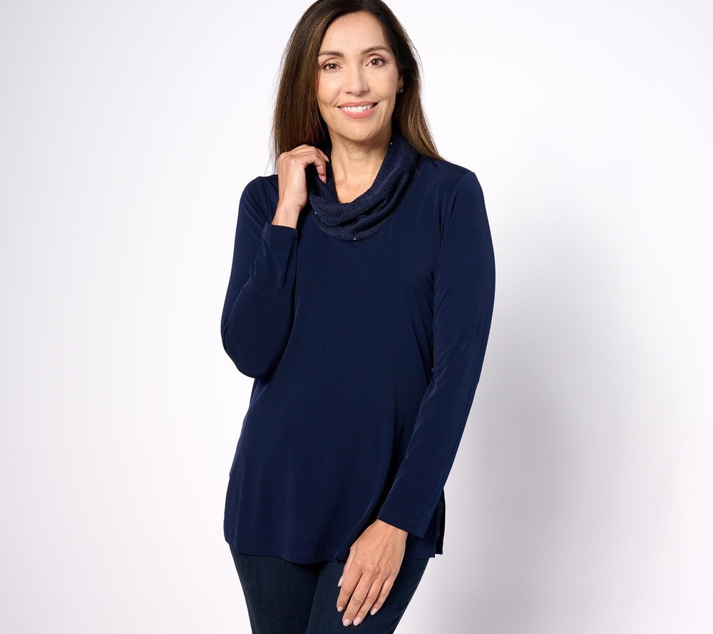 Susan Graver Women's Top Petite PM Liquid Knit Tunic Sequin Blue A623465