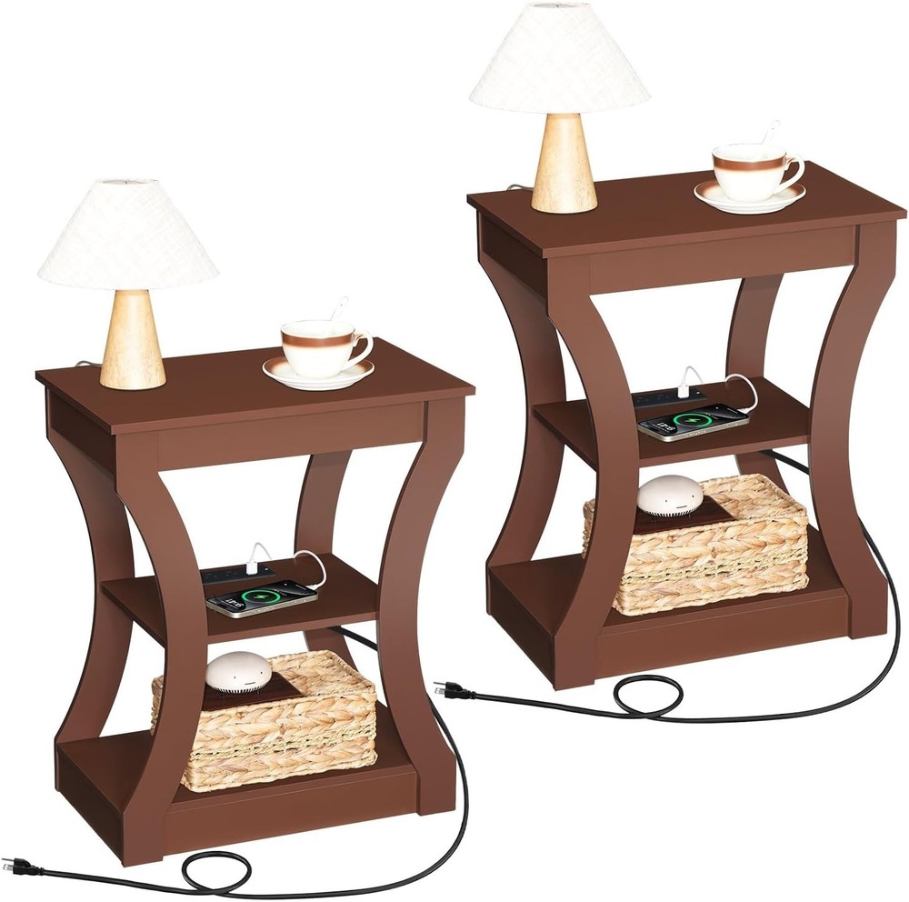 End Table set of 2 with Charging Station, Side Table with USB Ports and Outlets,
