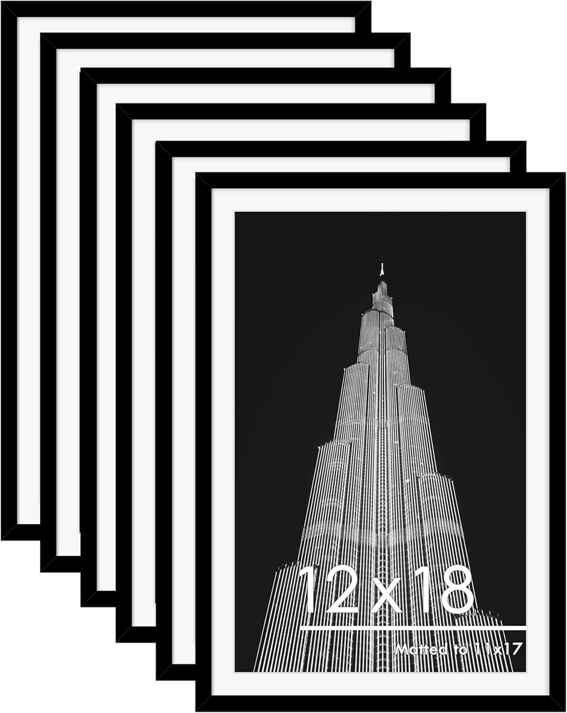 12X18 Picture Frame Set of 6, Display Pictures 11X17 with Mat or 12X18 without M