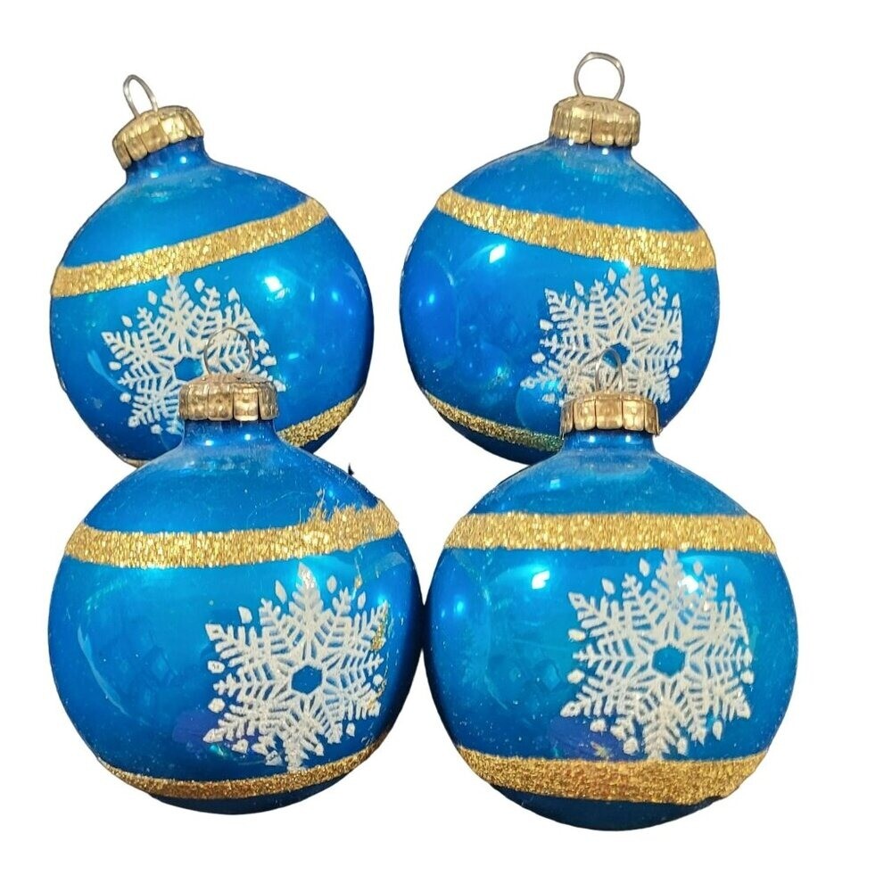 Set Of 4 Snowflake Design Christmas Tree Ball Ornaments Vtg Gold Glitter