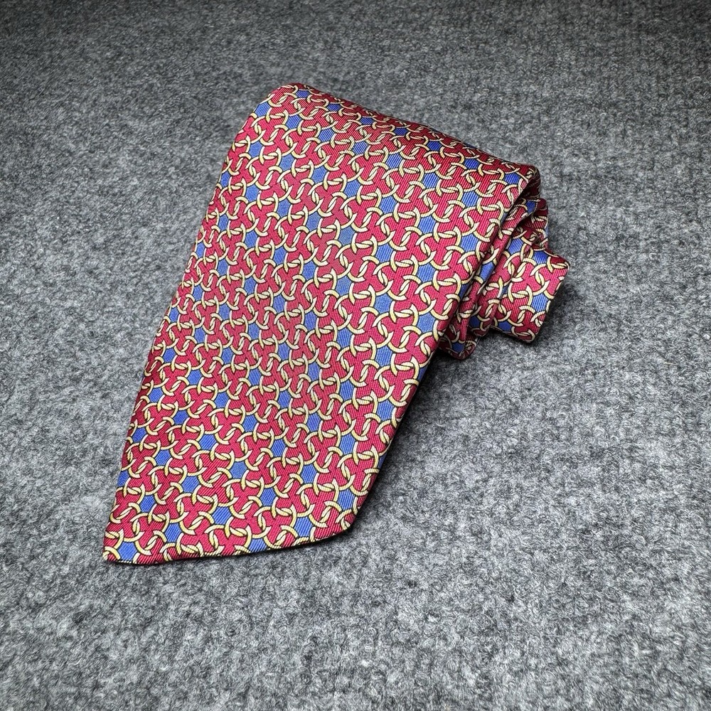 Hermes Paris Mens Neck Tie Red Gold Blue Chain Link 7892 MA