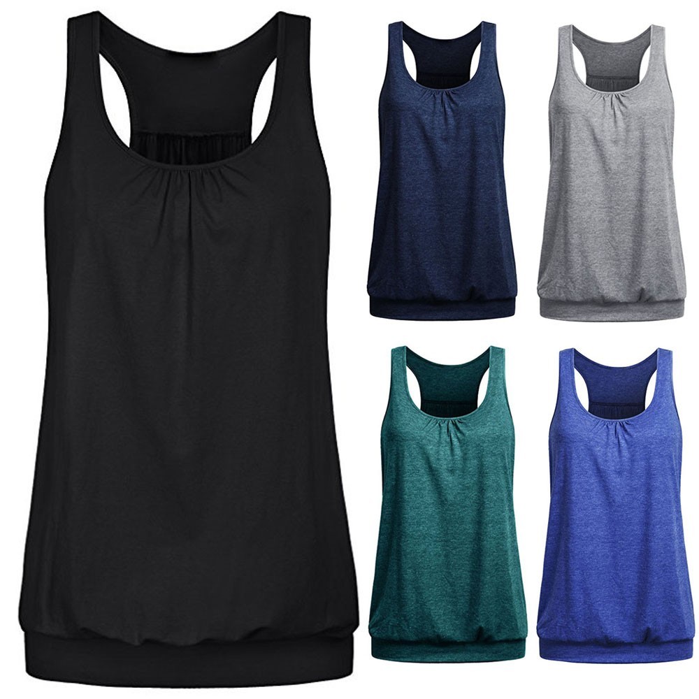 Womens Sleeveless O-Neck Wrinkled Loose Racerback Workout Sport Tank Tops Blouse