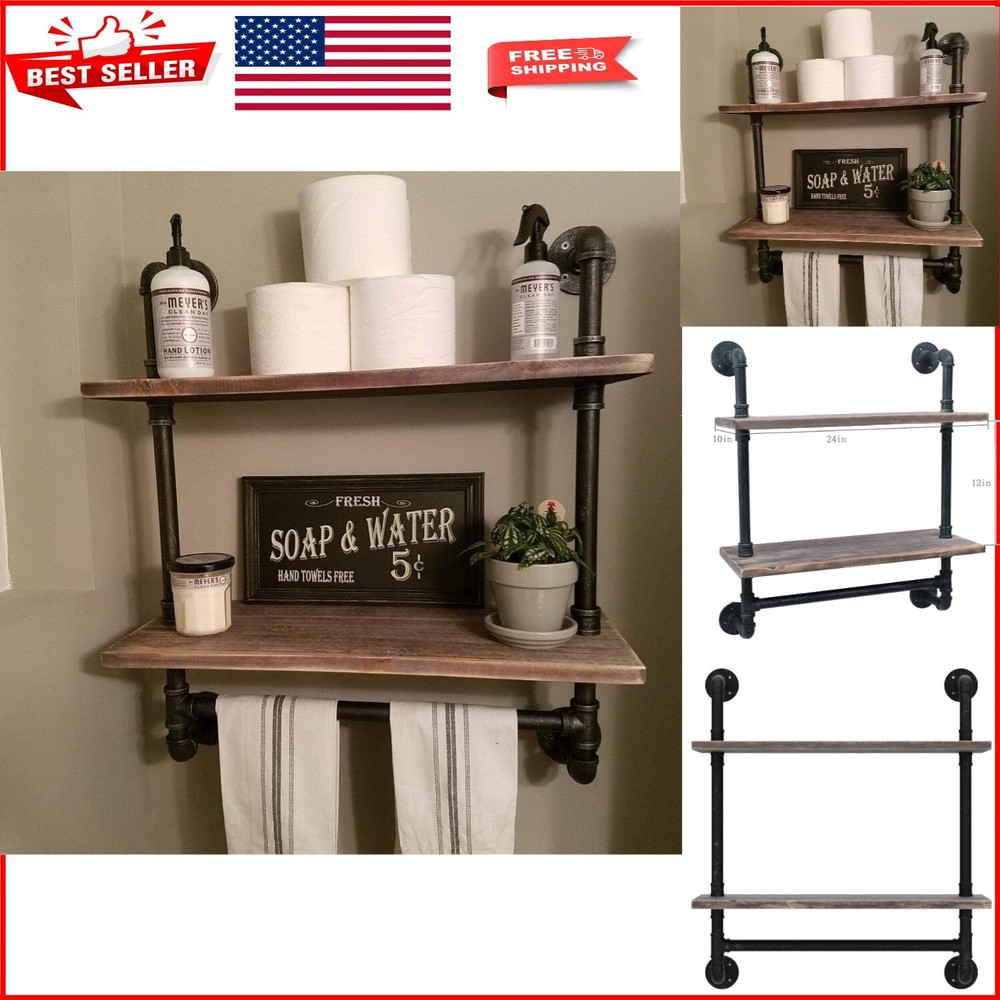 Multi-Functional Heavy Duty Rustic Wall Shelf with Towel Bar - Easy Installation