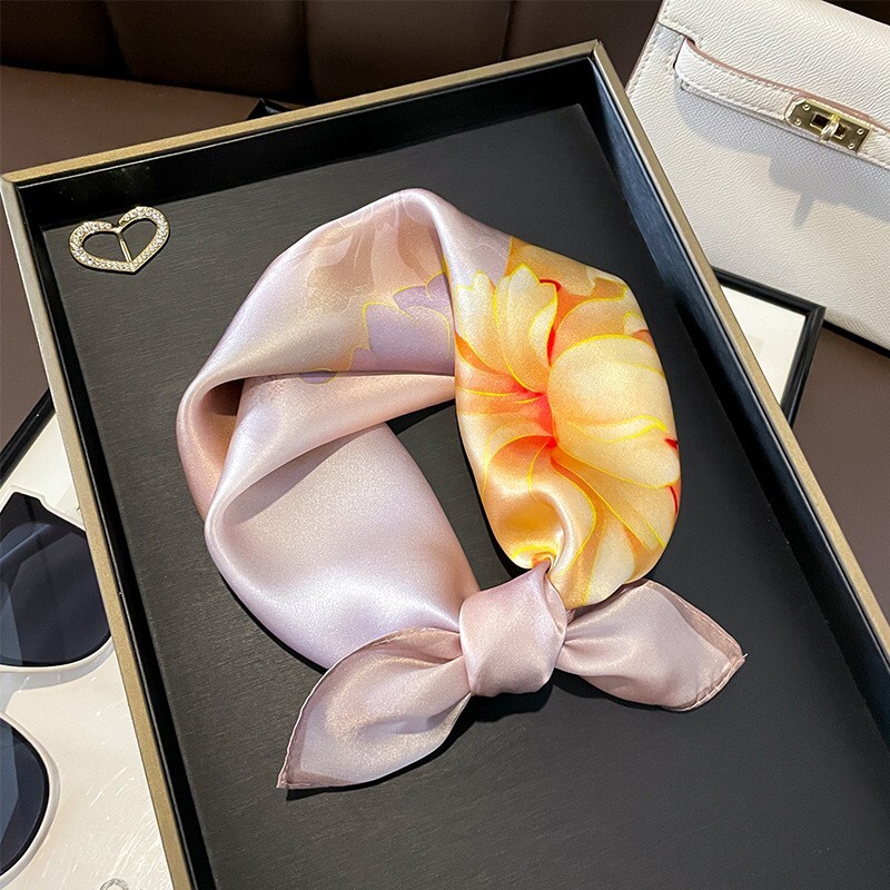 100% Silk Small Square Scarf Women Neckerchief Bandana Pink Yellow Flower 53cm