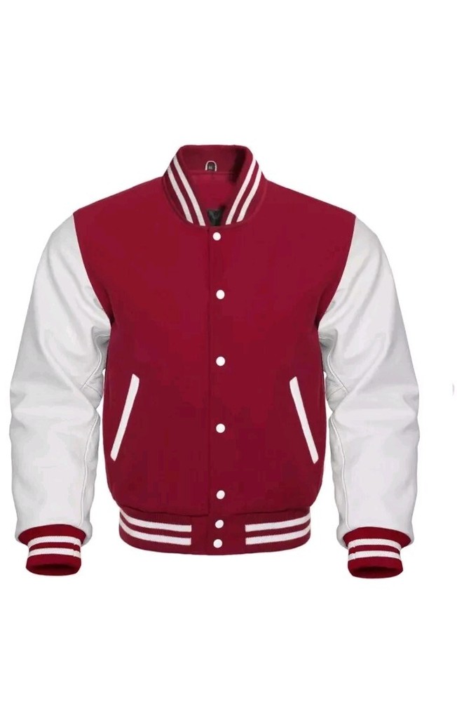 Men's Red Wool Varsity Jacket with White Leather Sleeves for Basketball