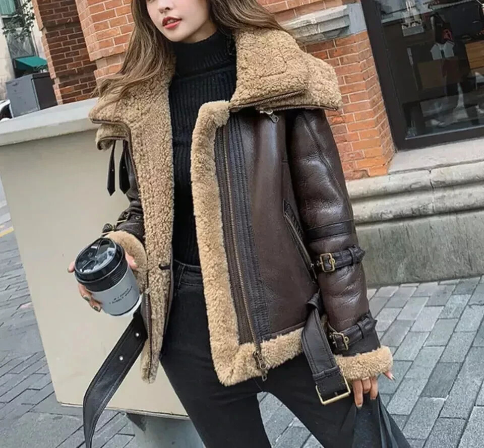 Women RAF B3 Aviator Shearling Bomber Jacket Genuine Sheepskin Double Collar Coat
