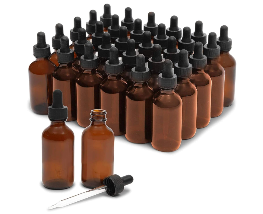 4/12/30-Pack Amber Glass Dropper Bottles 2oz + Funnels for Essential Oils