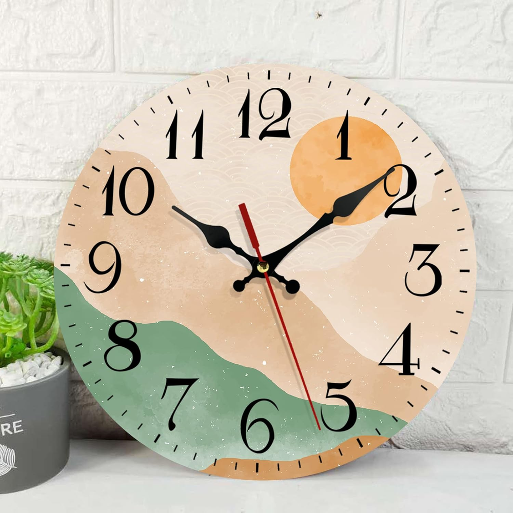 Wooden Wall Clock Silent Non-Ticking, Boho Mid Century Sun Mountain Modern Orang